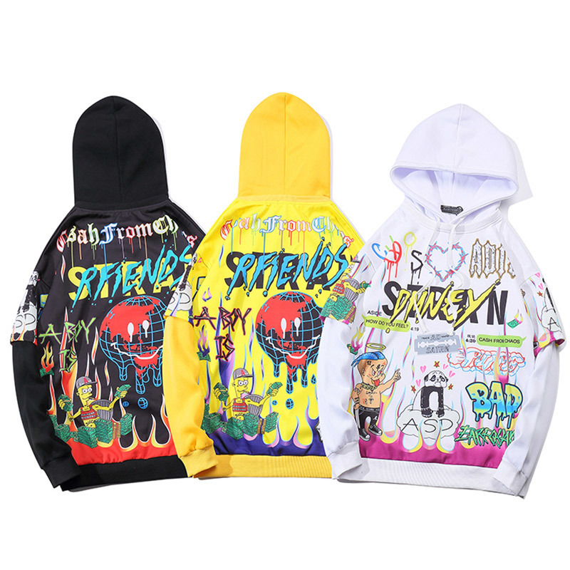 Aolamegs Hoodies Men Hip Hop Letter Print Men Pullover Cartoon Oversize Style Hooded Sweatshirt Lover High Street Streetwear 201127