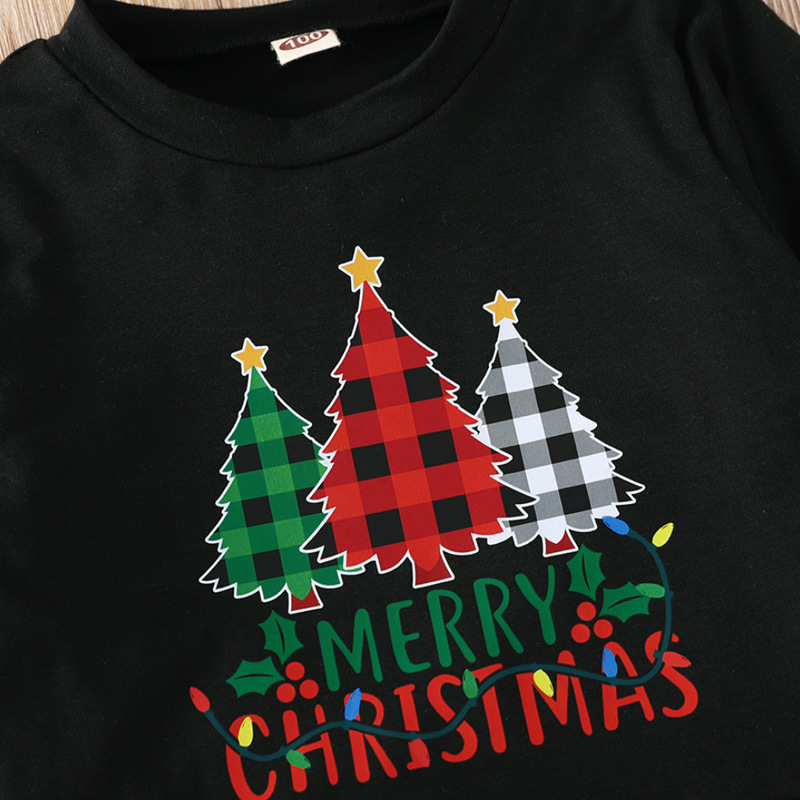Christmas Baby Clothes Sets Spring Autumn Girls Outfits Xmas Tree Black Round Neck Print Long Sleeve Hoodie+Red Plaid Skirt Kids Clothing