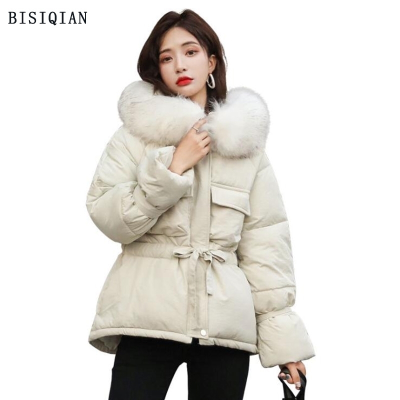 New Korean Fur Hooded Jackets Parkas Winter Jacket Women Short Style Tie Up Warm Thick Slim Winter Coat Female T200114
