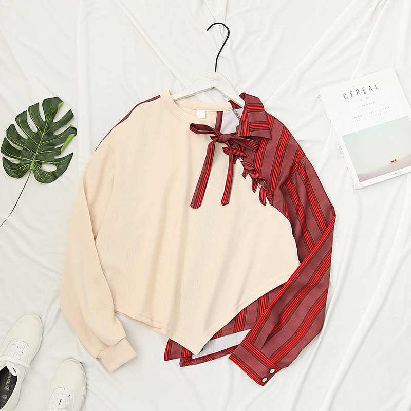 Women spring new hit color striped cotton sweatshirt female crewneck irregular tops ladies bandage sweats T200407