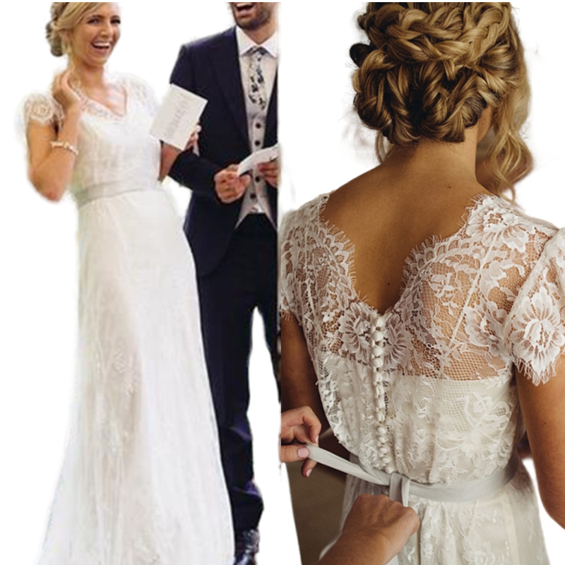 Boho Sheer Lace V-Neck Beach Wedding Dress Cap Sleeves Custom Made A Line Romantic Buttons Rustic Garden Bridal Gowns Long Formal Bride Dresses