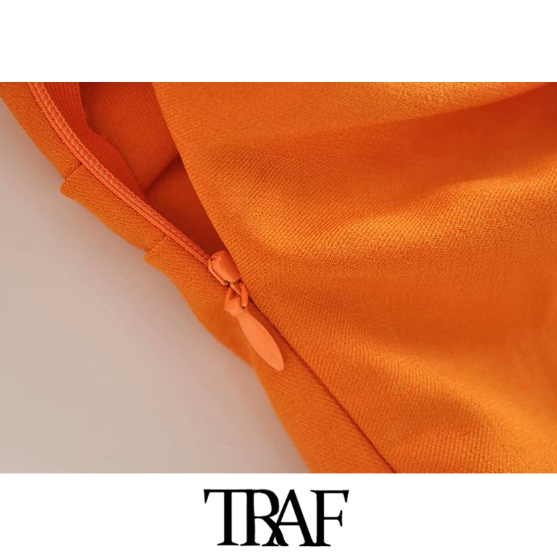 TRAF Women Chic Fashion Button-up Draped Midi Shirt Dress Vintage Short Sleeve Side Zipper Female Dresses Vestidos 210309