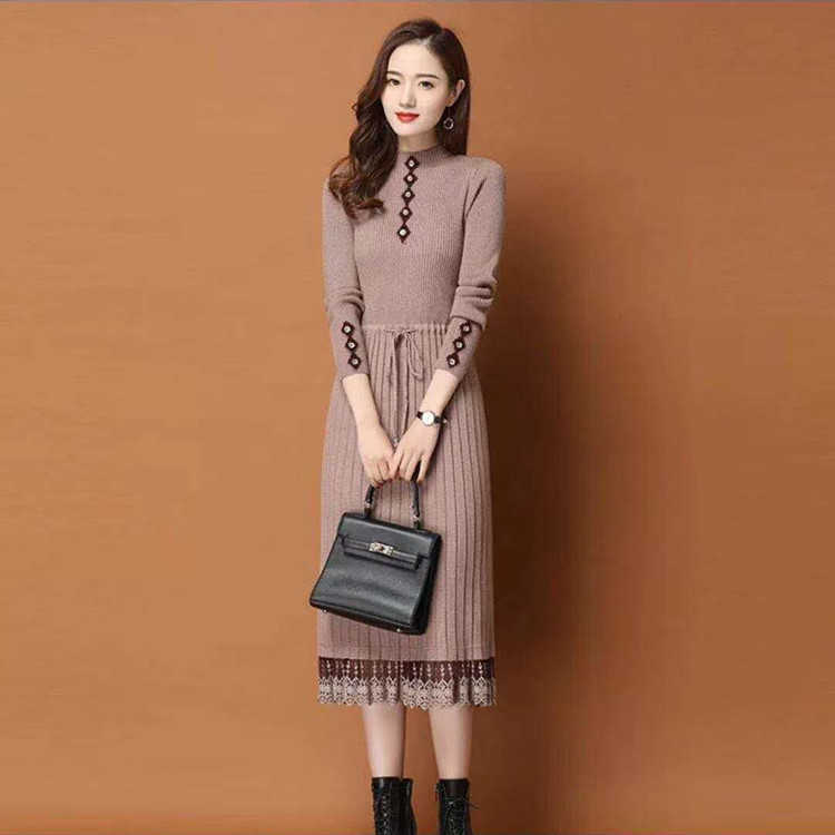 Autumn and Winter Korean Style Mid-Length Dresses for Womens Long Sleeve Single Breasted Slim Black Dress Lace Up Woman 210604