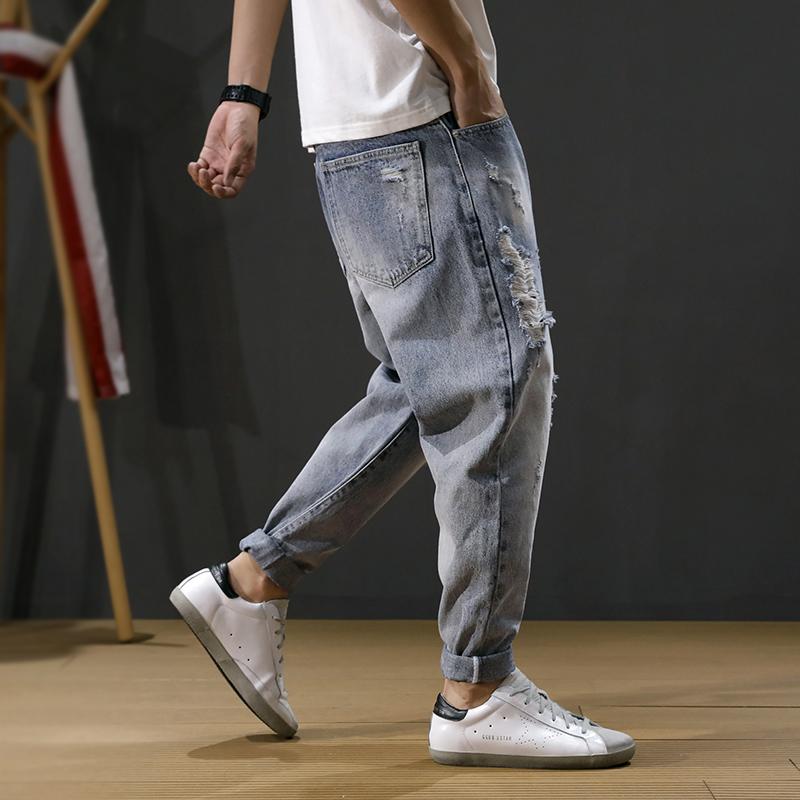 Korean Fashion Men Jeans Loose Fit Retro Blue Destroyed Ripped Jeans Men Baggy Harem Pants Embroidery Designer Hip Hop
