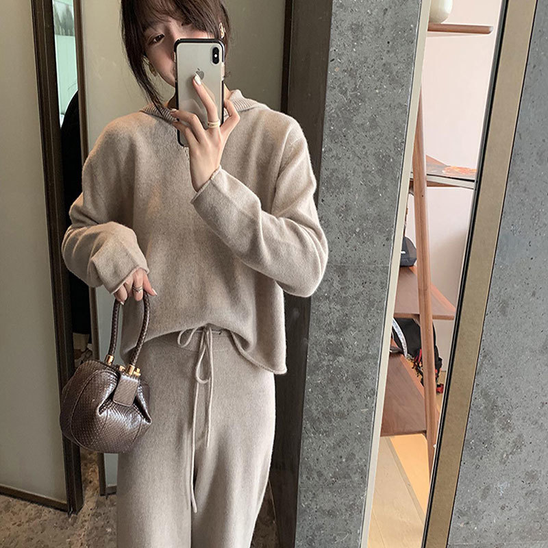JXMYY spring autumn knit sweater hooded women tracksuit long sleeve cashmere pullovers elastic pants suit sporting set P611 210304