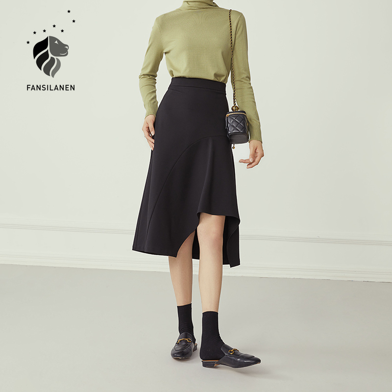 FANSILANEN Asymmetrical ruffle elegant black long skirt Women high waist autumn sexy a-line skirt Female slim vintage skirt 210309