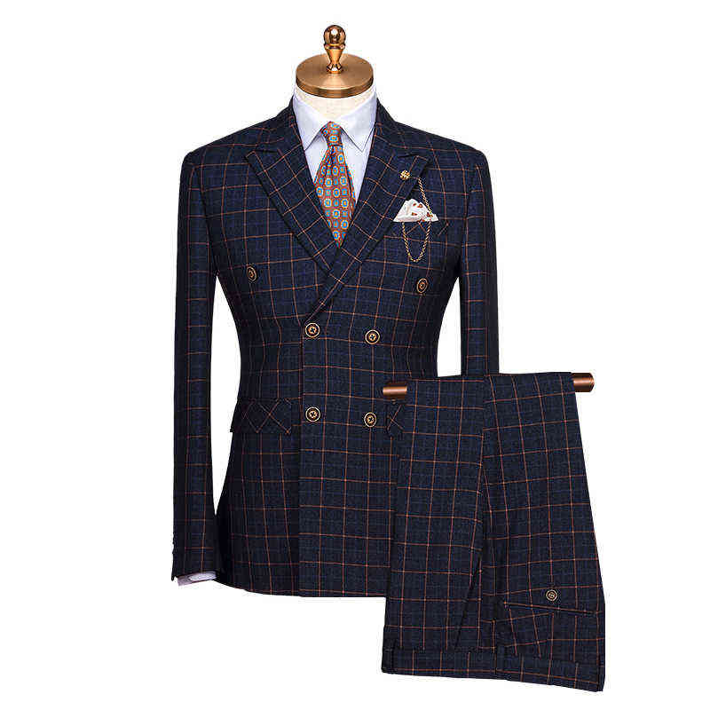 (Blazer + Vest) Wedding Suits For Men Year Gifts Winter Deep Blue Plaid Double Breasted Stage Clothes Men Formal Mens Suits 211120