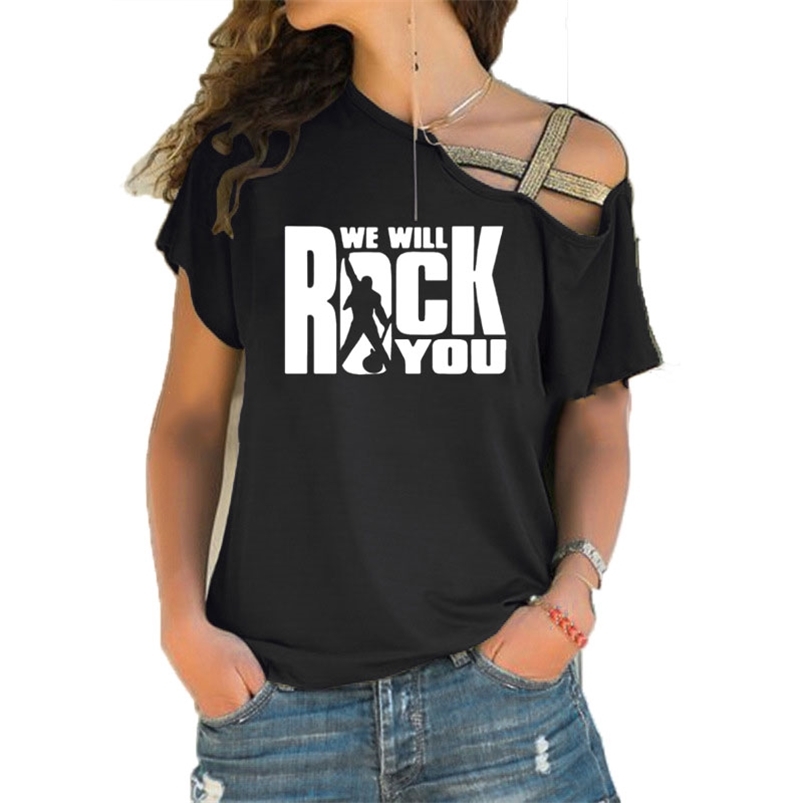 We Will Rock You Women T Shirt Summer Queen Rock Band T-shirt Short Sleeve Rock Roll Womens Irregular Skew Cross Tops 210317, 14
We Will Rock You Women T Shirt Summer Queen Rock Band T-shirt Short Sleeve Rock Roll Womens Irregular Skew Cross Tops 210317, 14