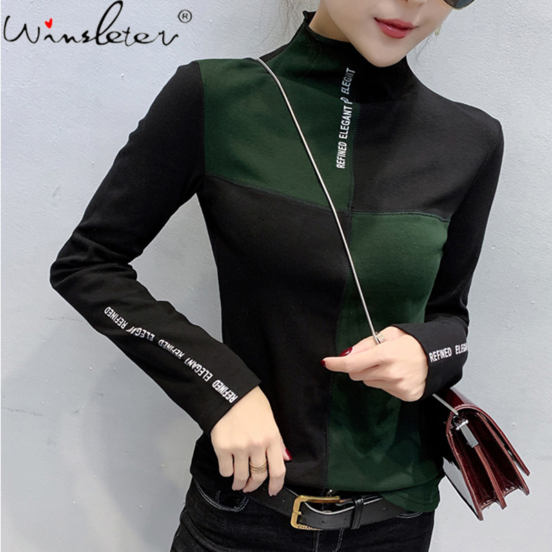 New Women Spring/Autumn Slim T-Shirt Patchwork Bottoming Long Sleeve Casual Korean Minimalist Triko Top Tees Sanded T07833B 210310