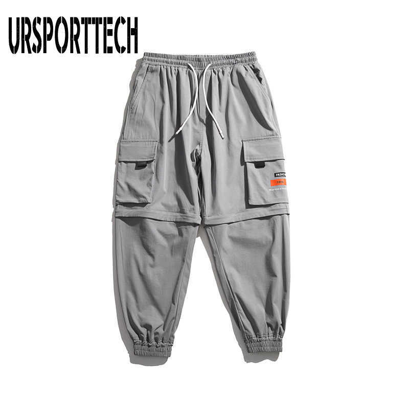 Korean Hip Hop Mens Jogger Pants Men Spring Casual Detachable Zip Short Pants Baggy Cargo Pants Men Streetwear 3 Colors 210528