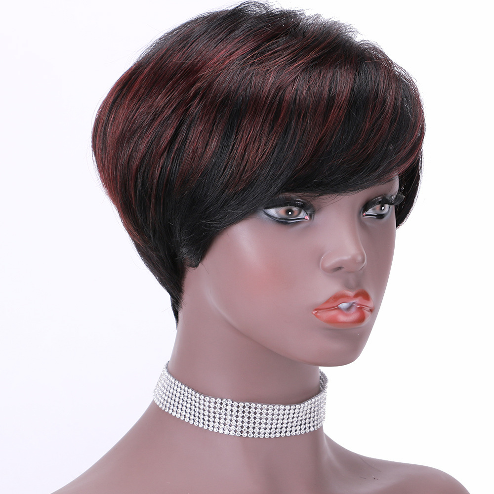 Natural Black Short Straight Hair Wig Peruvian Human Hair Wigs With Bang For Women ombre blonde 99J color pixie cut Wig