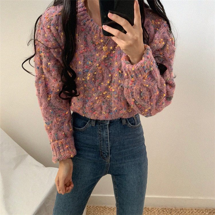 New Oversized Candy Contrast Color Dot Coarse Knitted Sweater Women Long Sleeves O Neck Pullovers Sweater Casual Knitted 71F 210218