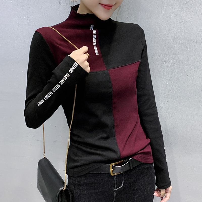 New Women Spring/Autumn Slim T-Shirt Patchwork Bottoming Long Sleeve Casual Korean Minimalist Triko Top Tees Sanded T07833B 210310