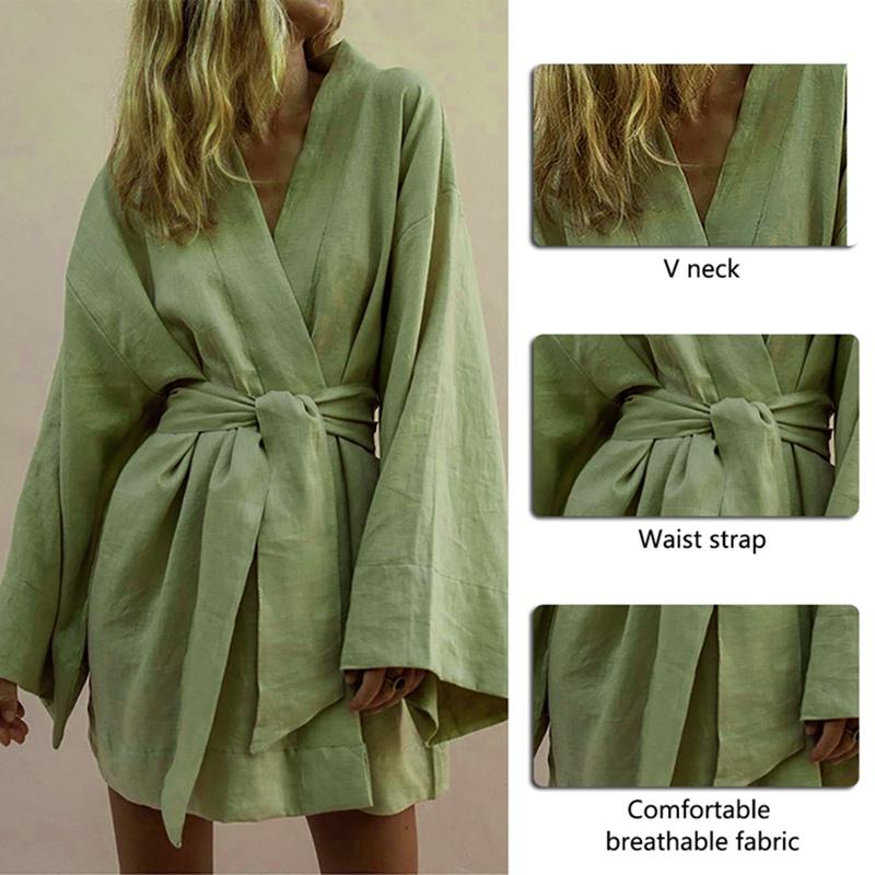 Casual Dresses Lace Up Women's V-Neck Kimono Cardigan Mini Dress Cotton Linen Long Sleeve Sashes Dresse Robe Style Summer Loose Vestidos