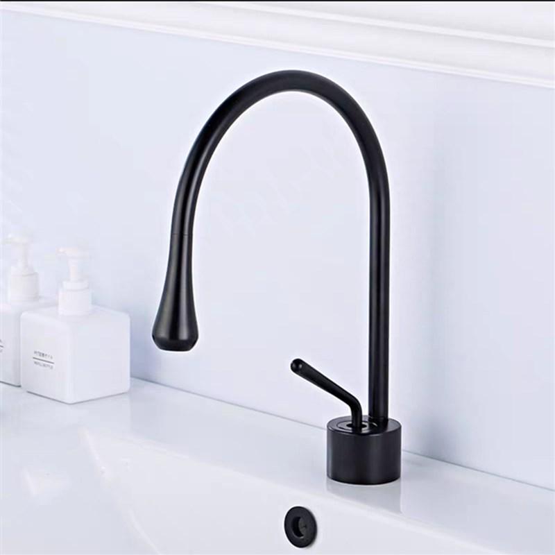 Bathroom Sink Faucets Basin Brass Black Tall Low Single Handle Drop Shape Faucet Large Curved Cold Mixer Taps