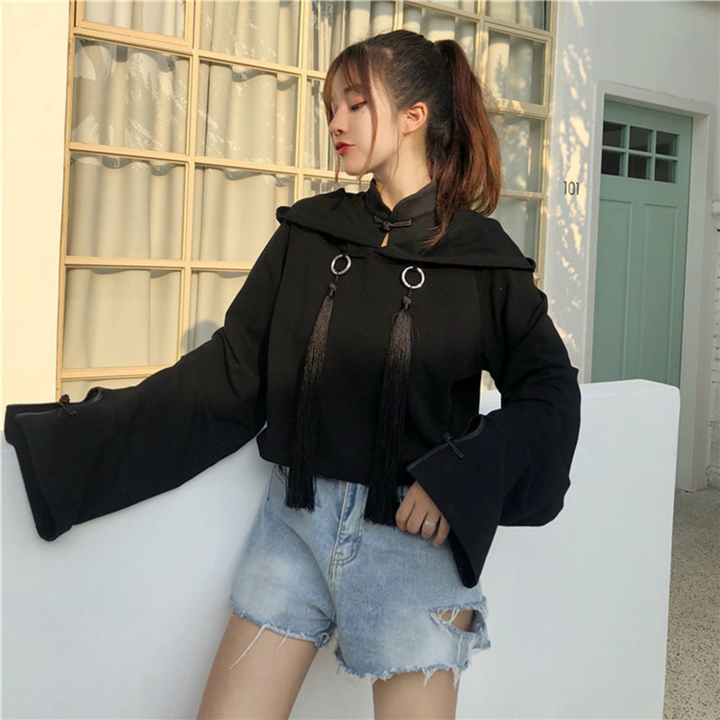 Women's Hoodies Crop Hoodies Sweatshirts Tassel Hooded Woman Crop Top Hoodie Chinese Letters Print Japan Style Girls Tops LS180 201102