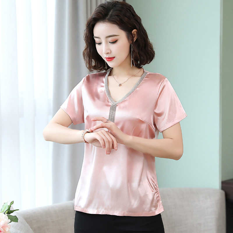 Womens Tops and Blouses OL Silk Blouse Summer Basic Satin Office Lady Shirt Work Wear Blusas Feminina Shirts Plus Size 4XL 210531