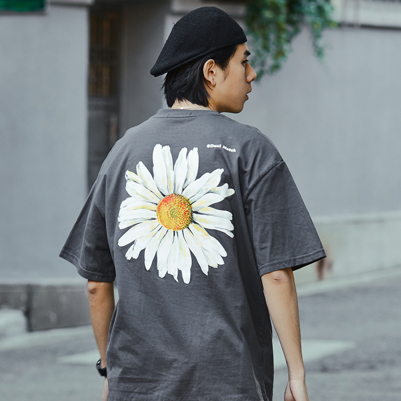 Men Hip Hop T Shirt Streetwear Chrysanthemum Daisy T-Shirt Summer Harajuku Tshirt Cotton Short Sleeve Black Tops Tee Flower 210225