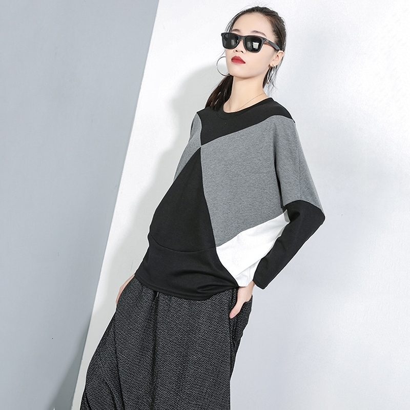 EAM Loose Fit Split Joint Oversized Sweatshirt Round Neck Long Sleeve Women Big Size Fashion Spring Autumn 1D642 201127