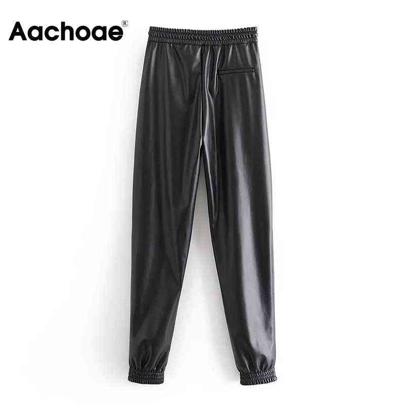 Aachoae Lady Full Length Pu Leather Pants Drawstring Sports Style Long Sweatpants Women Baggy Casual Pencil Pantalon Mujer 211102