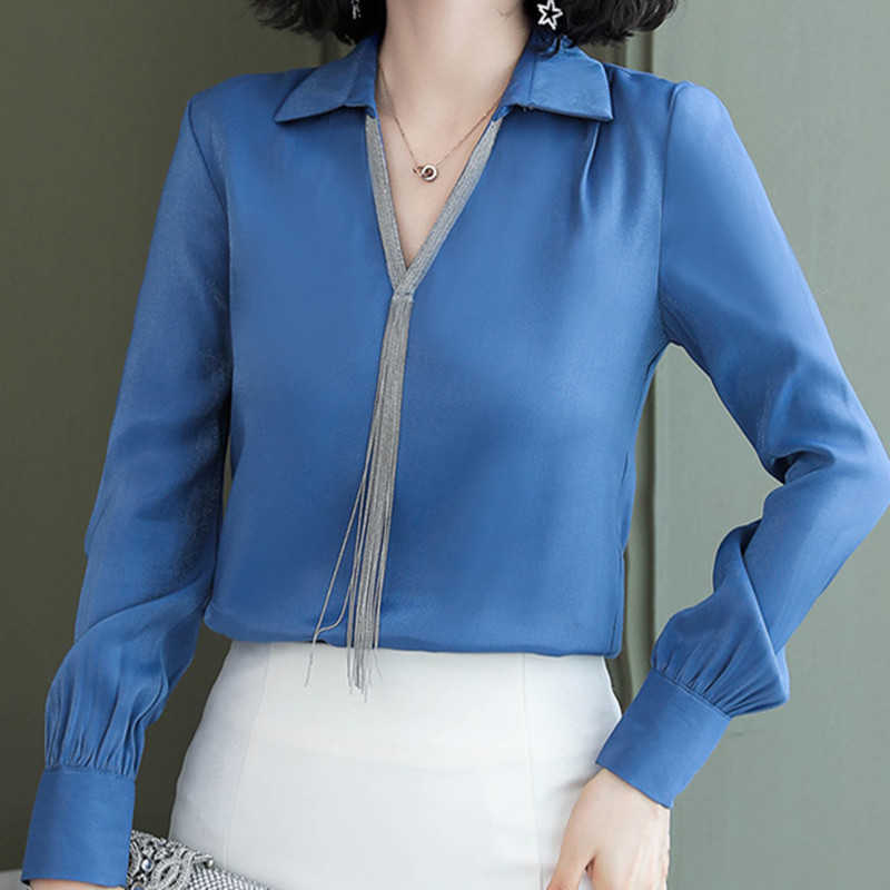 Korean Chiffon Women Shirts Long Sleeve Blouses Elegant OL V-neck Plus Size Blusas Mujer De Moda 210531