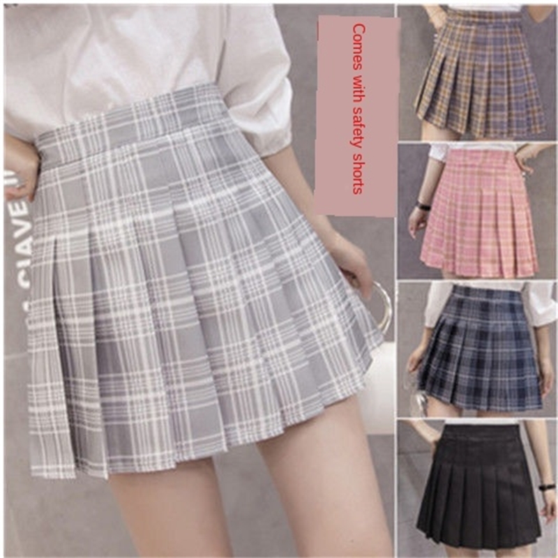 Chic High Waist Pleated Skirt Plaid Skirt Female Summer Skirts Women Short Skirt Mini ALine Clothes Womens Harajuku jk Clothes 210306