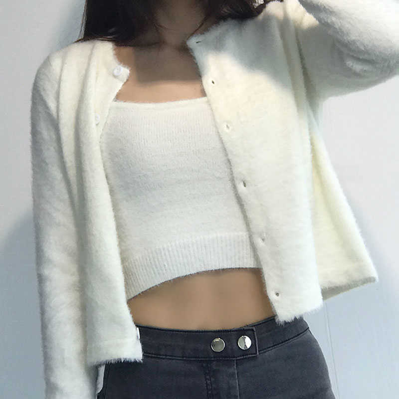 WOMENGAGA Autumn Winter French Fashion Mohair Two-piece Knitted Cardigan High Waist Short Tops Sweater For Women QAYK 210603