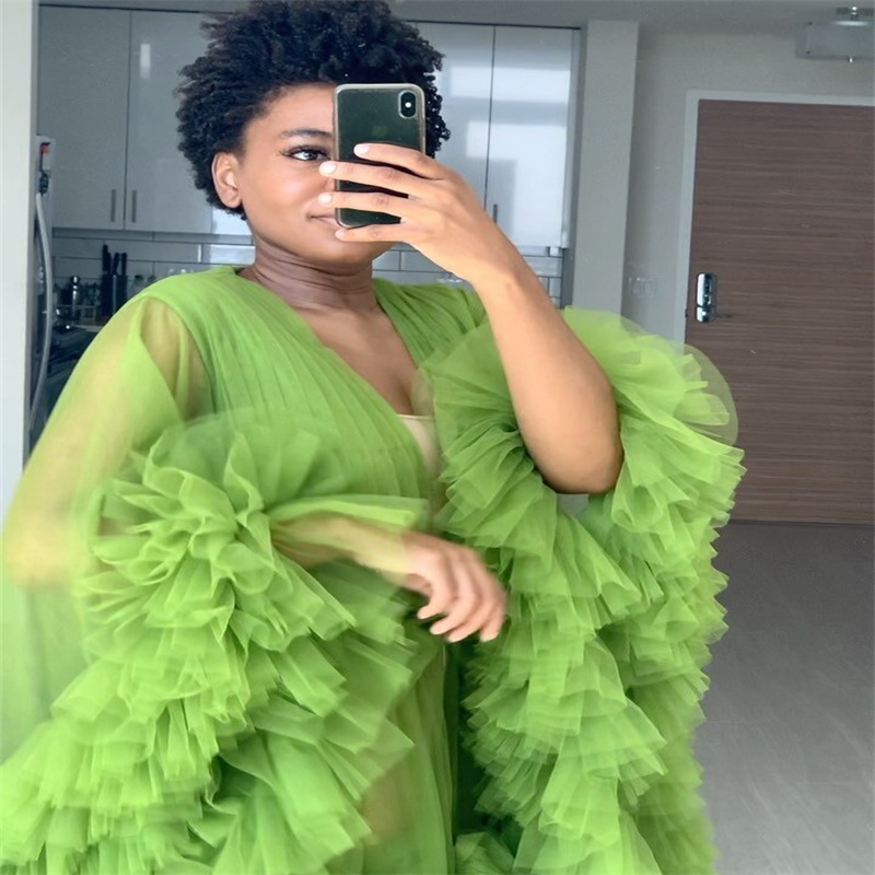 Puffy Bride Sleepwear Robes With Belt Soft Tiered Tulle Sexy V Neck Long Sleeve Custom Made Women Sleepwear Pajamas Dresses