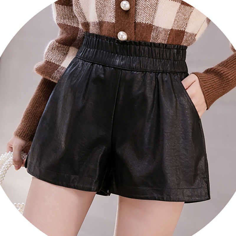 6 Solid Color Elastic Waist High Fall Pu Leather Shorts Women Wide Leg Biker Plus Size Femme Casual Ladies Pocket 210615Z