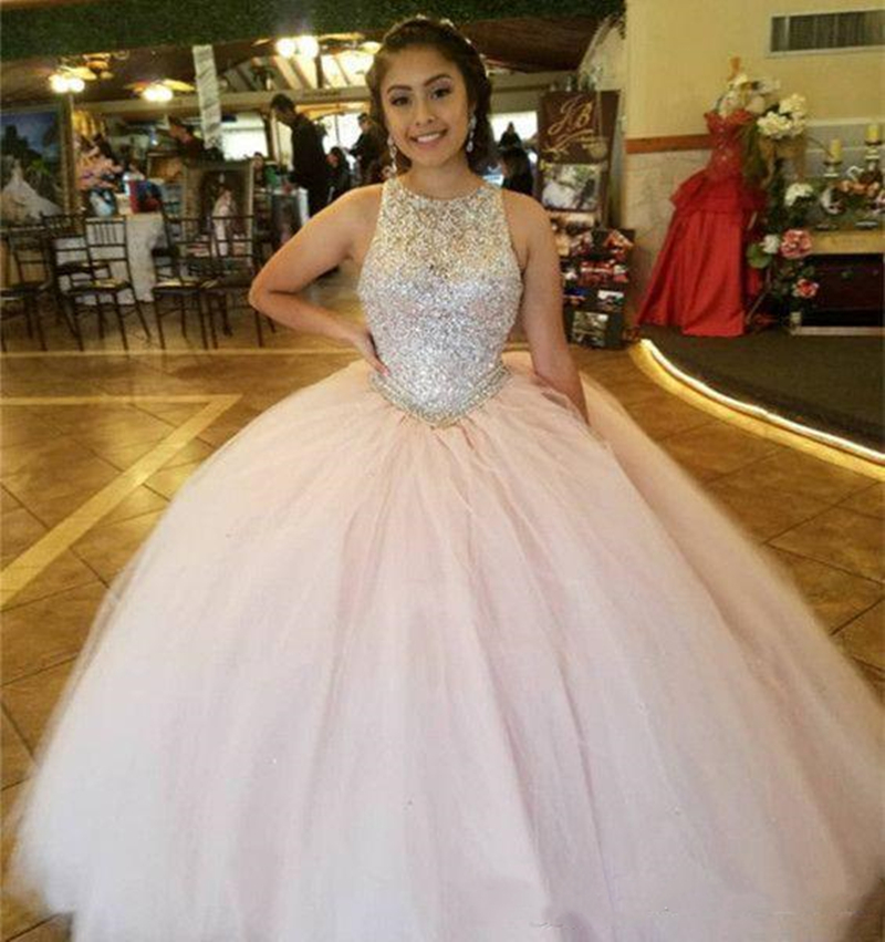 Shiny Princess Ball Gown Quinceanera Dresses Beads Crew Neck Blush Pink or Length Tulle Brithday Prom Party Gowns Sweet 16 Dress Open Back Vestidos 15