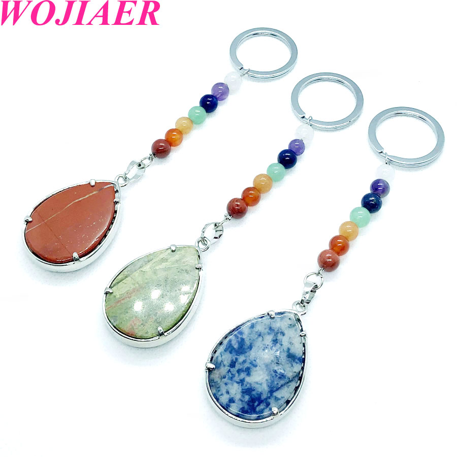 WOJIAER 7 Chakra Water Drop Natural Stone Pendant Key Rings Keychain Tree of Life Keyring Holder Men Women Birthday Gift BW910