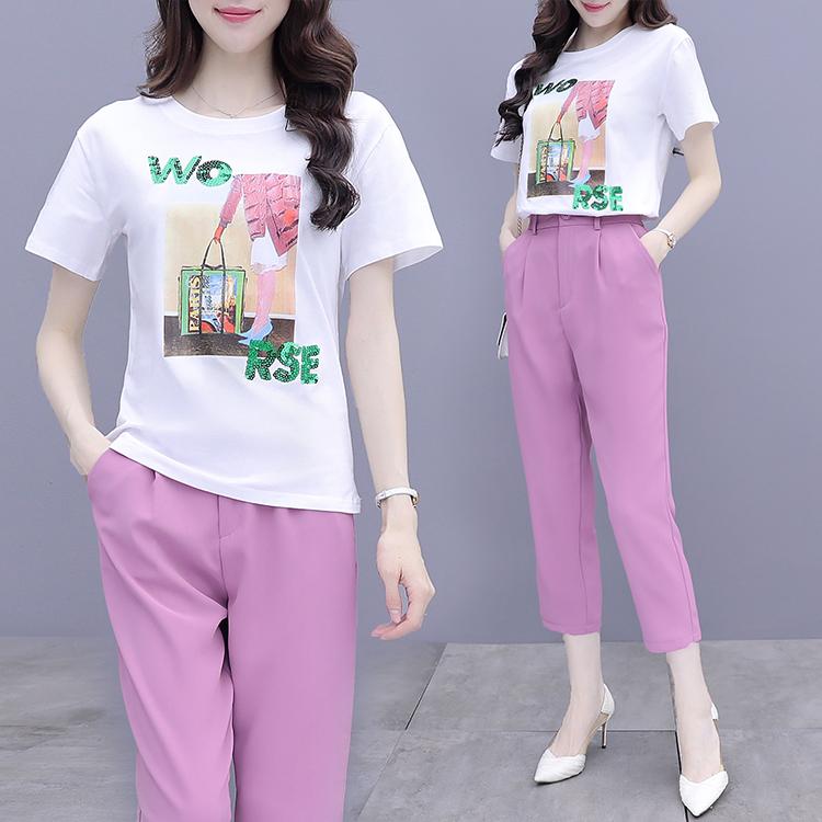 Women's Two Piece Pants Summer Print Sequins Sweatshirt Purple Pnats Korean Fashion Career Pcs Suit Leisure Outfit Top Set Clothing