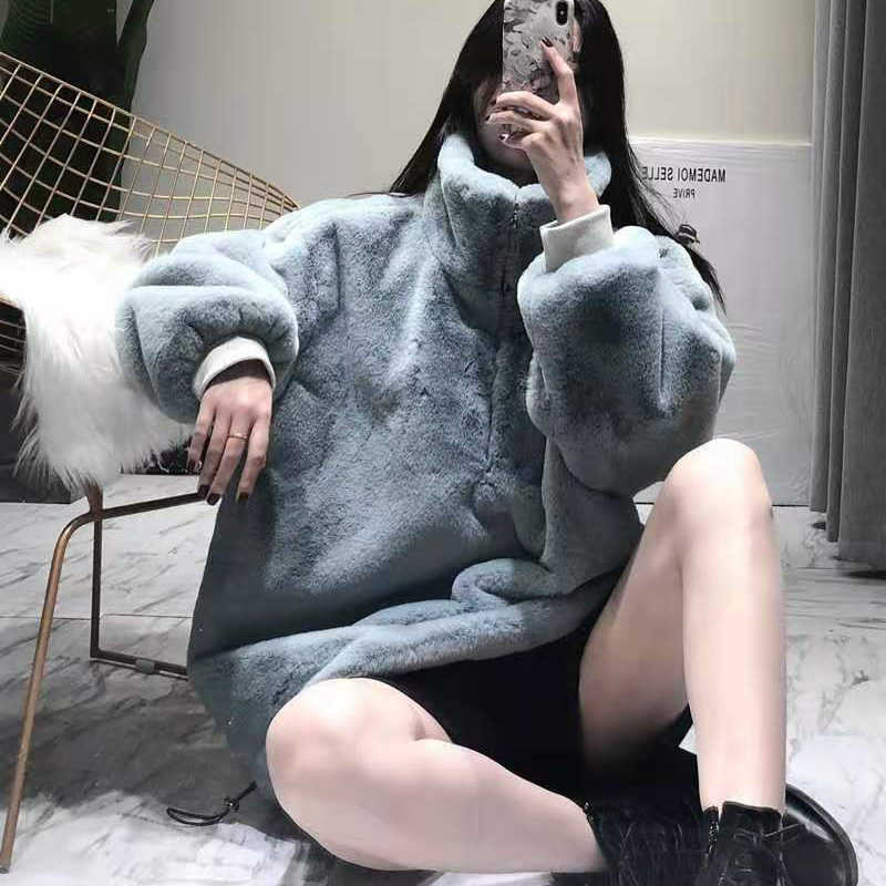 Turtleneck Furry Sweatshirt Women Winter Casual Plush Faux Fur Coat Vintage Thick Korean Zipper Keep Warm Hoodies Tops 211019