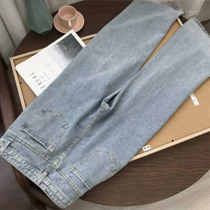 Light Blue Denim Trousers Retro Wide-leg pants women's Ripped Trousers High Waist Casual Jeans Women 210616