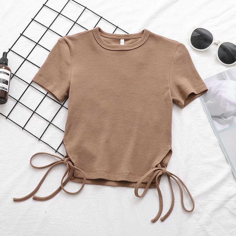 Casual Women Soft Cotton V Neck T-shirt Summer Fashion Ladies High Street Solid Color Female Tie Waist Top 210527