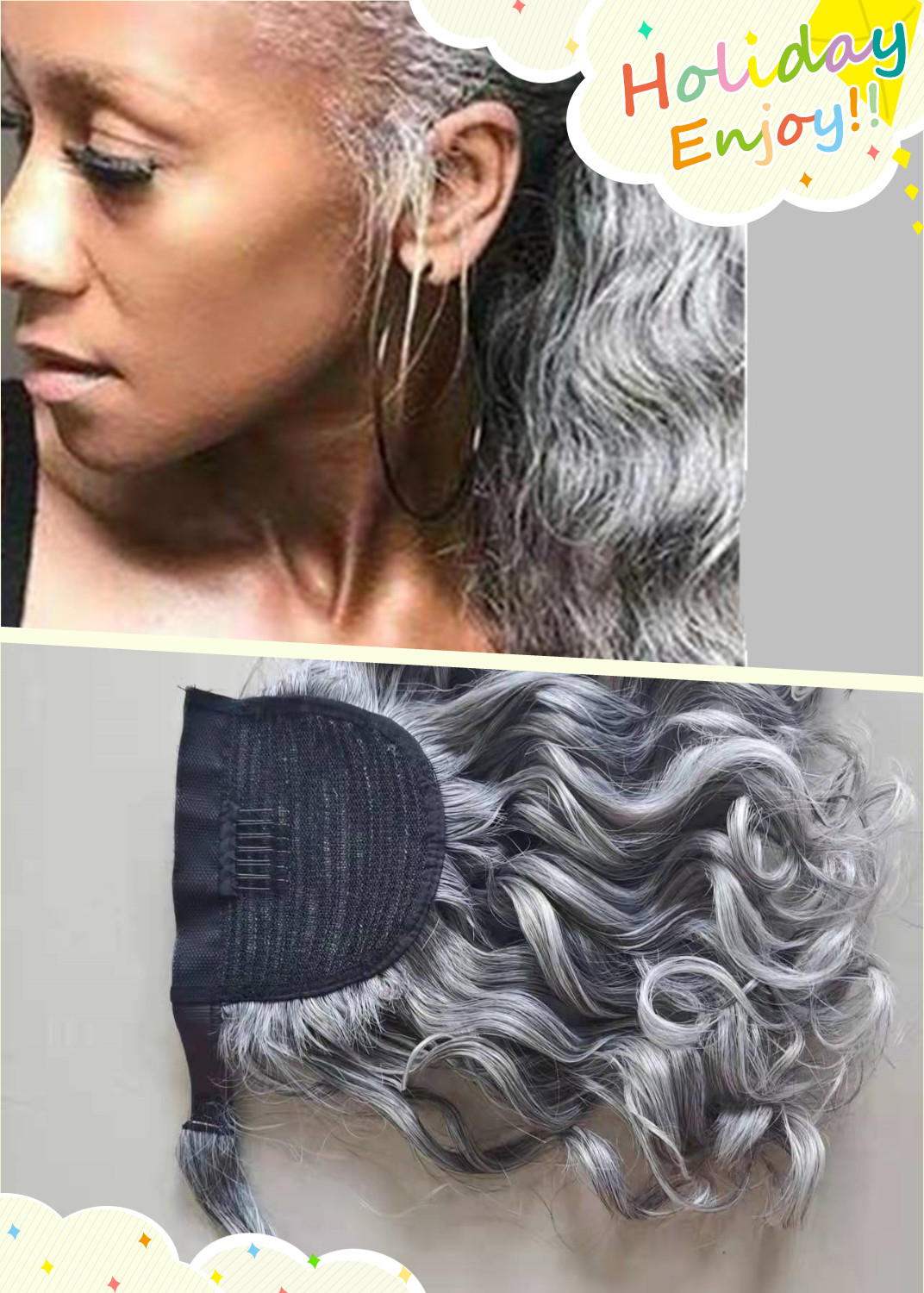 Silver grey wavy pony tail real hair piece wraps drawstring clip in gray ponytail women hair extension 100g 120g short long loose body wave soft hot f