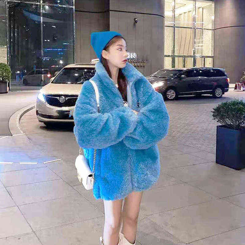 Lucyever Autumn Winter Faux Fur Coat Women Fashion Warm Soft Zipper Lamb Fur Jackets Fluffy Cozy Loose Outerwear Female 211123