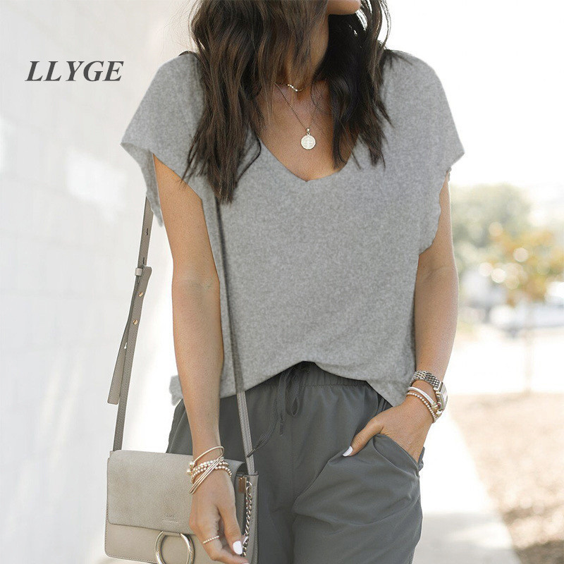 Summer Simple Loose T-shirt Women Solid V-neck Short Sleeve Casual Tshirts Female White Streetwear Fashion Tops For Woman T200614