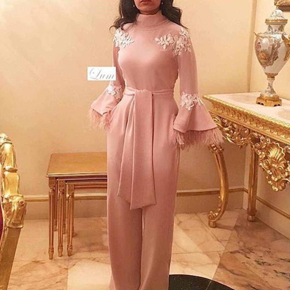 Luxury Dubai Evening Dresses With Feather Pant Jumpsuit Arabic Women Prom Gowns Elegant High Neck Muslim Pink Formal Dress Robes De Soirée Vestidos Fi