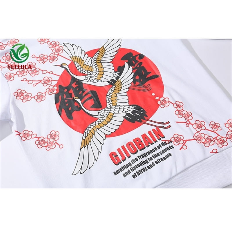Autumn Winter Dropshipping Chinese Style Crane Crane Cherry Hoodie Oversized Cotton Hip Hop Rock Band Sweatshirt 201020