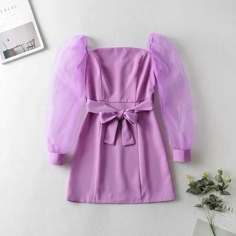 DEAT Women Patchwork Bandage Dress Square Collar Long Sleeve Arrivals Lady Temperament Fashion Spring Autumn 11D1692 210709