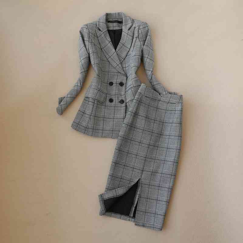 High quality winter women's suits skirt set Slim-fit double-breasted plaid ladies jacket Casual high waist two-piece 210527
High quality winter women's suits skirt set Slim-fit double-breasted plaid ladies jacket Casual high waist two-piece 210527