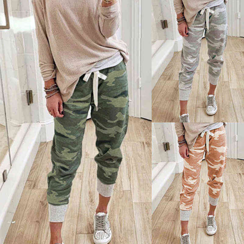Women Camouflage Joggers Pants Ankle Camo Cargo Jogging Trousers Female Autumn Streetwear Lace Up Ladies Sweatpants 211124