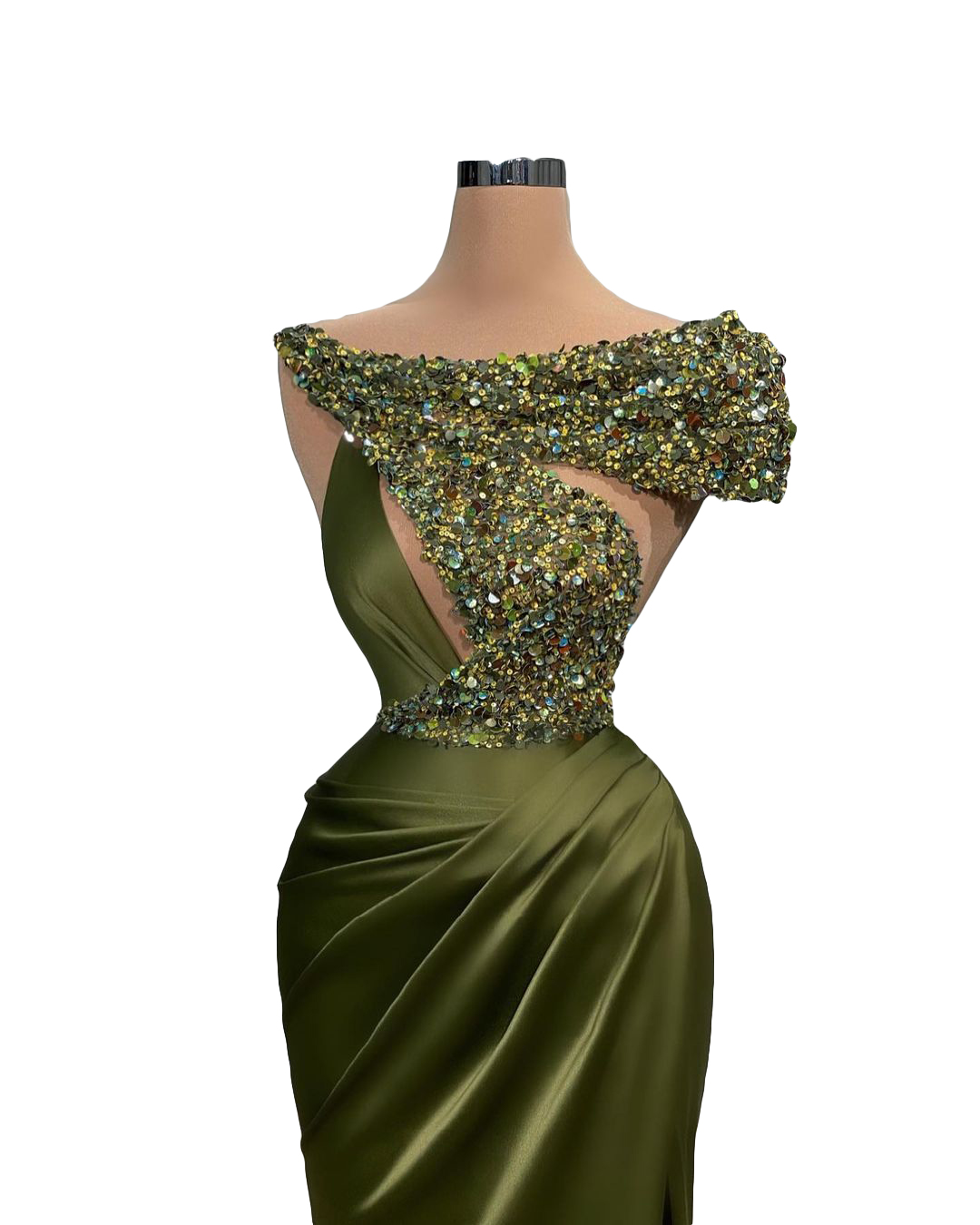 Gorgeous Olive Mermaid Satin Silk Prom Dresses Sequins Short Sleeve Crystal Evening Dress Pleats Women vestidos Custom Made