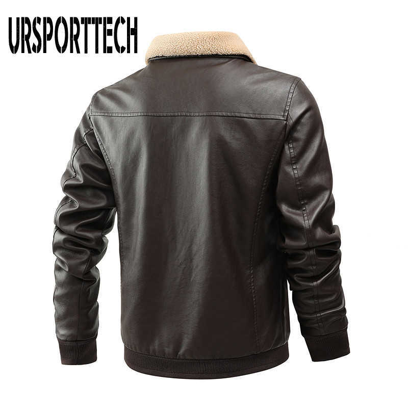 URSPORTTECH Mens Leather Jacket Winter Casual Thick Fleece Men Motorcycle PU Jacket Biker Leather Coats Fur Collar Multi-pockets 210528