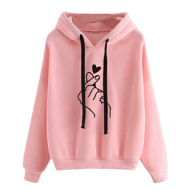Harajuku Women's Sweatshirt and Hoody Ladies Oversize K Pop Yellow Pink Love Heart Finger Hood Casual Hoodies for Women Girls 210910
