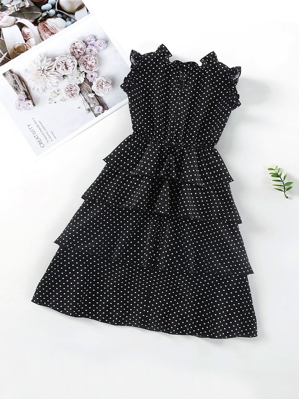 Girls Polka Dot Frill Trim Layered Dress SHE
