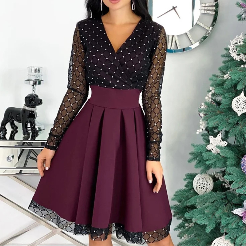 Capucines New Shiny Sequin Mesh Stitching Woman Dress Spring Autumn Long Sleeve A Line Belted Ladies Elegant Party Dresses 220310