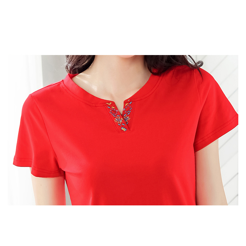 Fashion V-neck Tees Summer Slim Women Tops Embroidery T-shirt Women Casual Solid Short Sleeve Tshirt lady Camiseta Mujer 210306