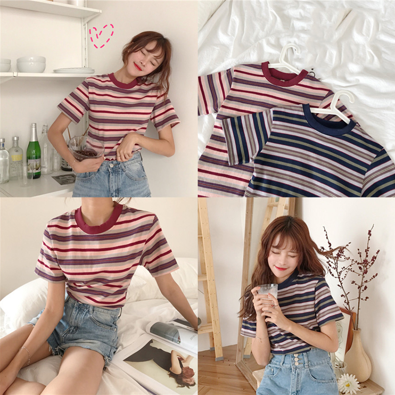 Korean Summer T-shirt Women Casual Ulzzang Long Sleeve Striped T Shirt Female Tshirt Vogue Tops Tee T200516